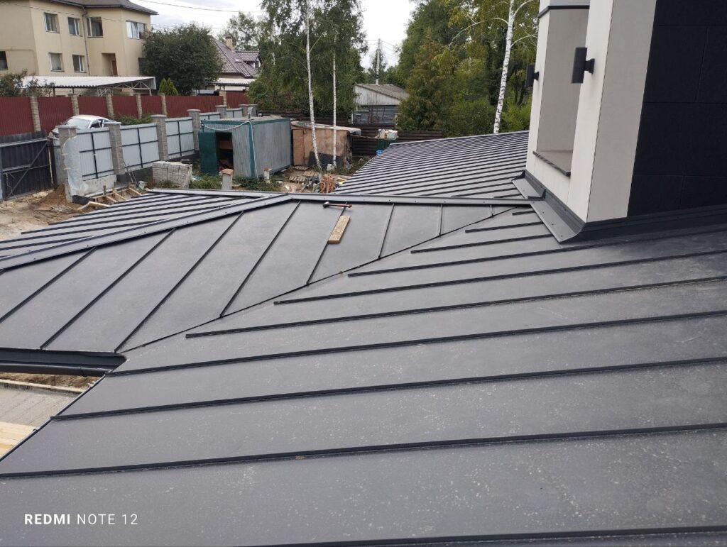 Newly installed metal roof panels